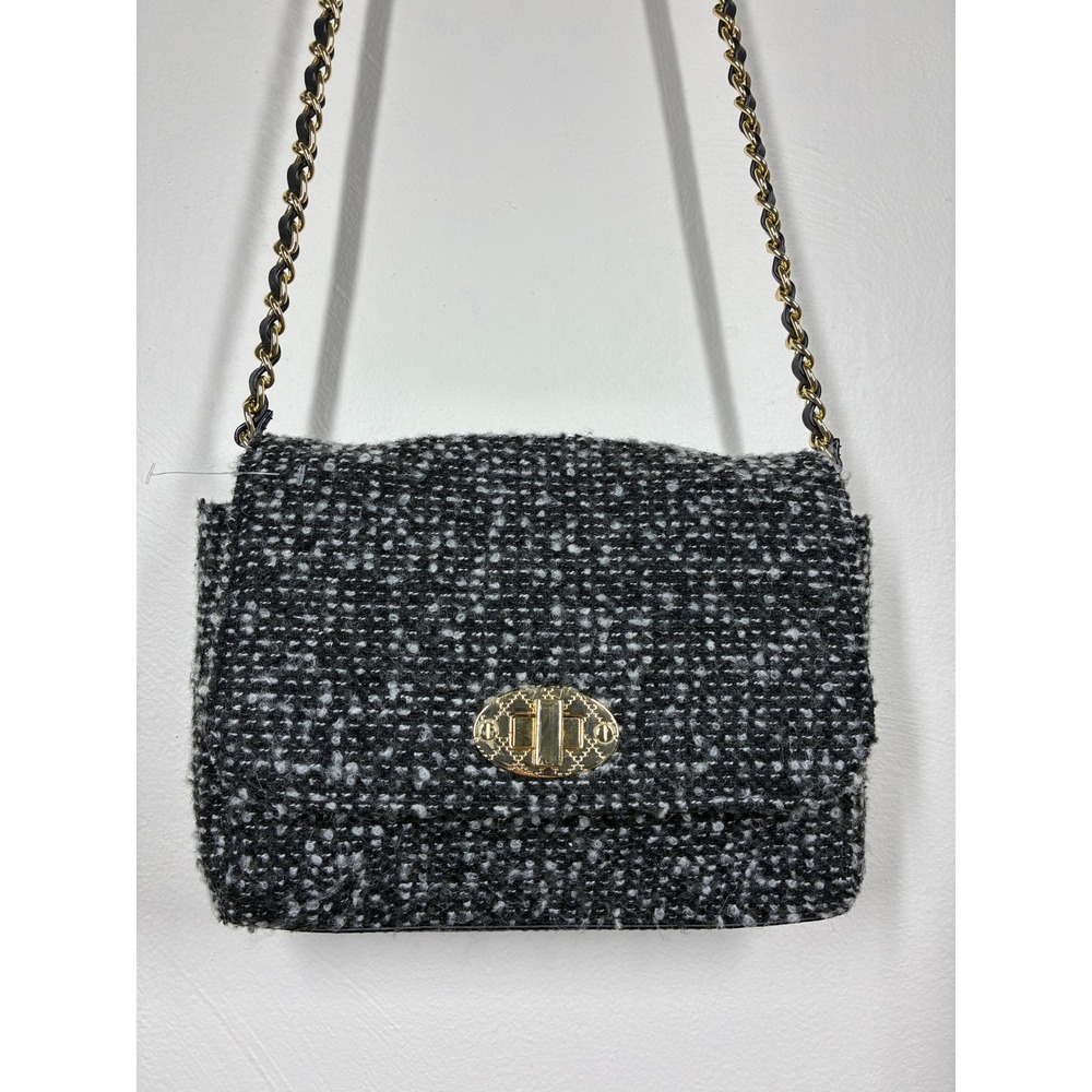 Womens Black White Tweed Crossbody Bag Gold‎ Chain Strap Flap Lock